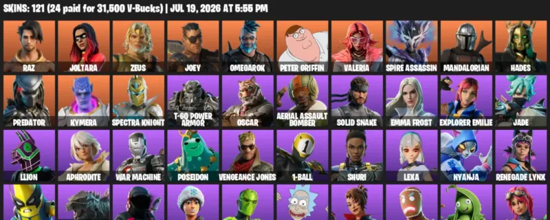 Fortnite Accounts listing: LVL 1497 - Raz - Joltara - 121 Outfits - 121 outfits