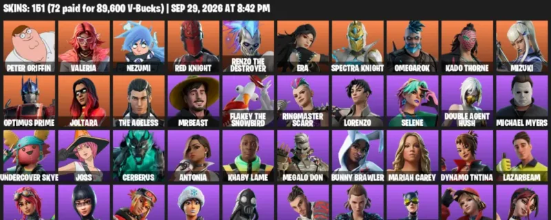 Fortnite account inventory for Peter Griffin - Valeria - 120 Outfits