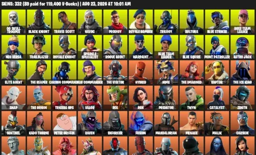 Fortnite account inventory for LVL 3191 - OG Skull Trooper - Black Knight - 332 Outfits