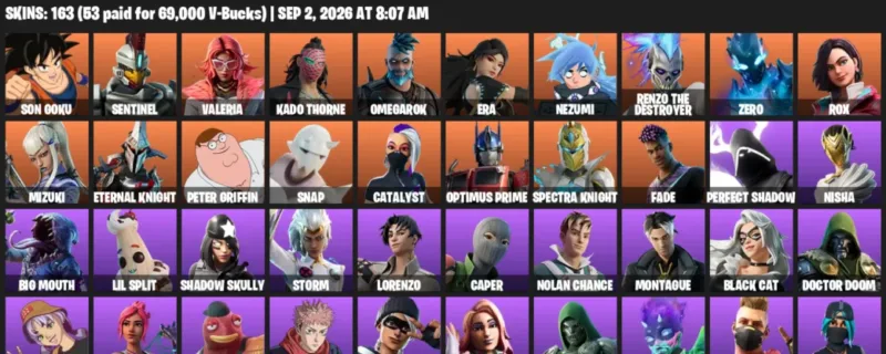 Fortnite account inventory for LVL 1684 - Son Goku - Sentinel - 163 Outfits