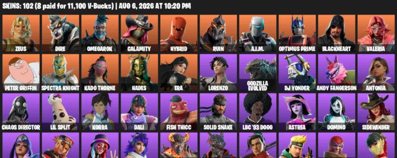 Fortnite account inventory for LVL 1512 - Zeus - Dire - 102 Outfits