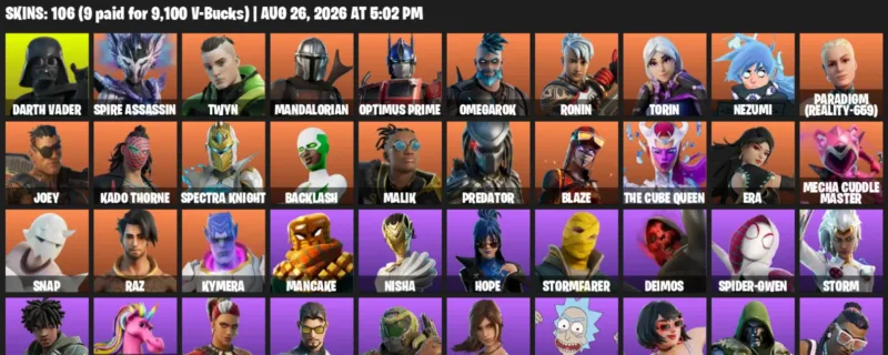 Fortnite account inventory for LVL 1674 - Darth Vader - Spire Assassin - 106 Outfits