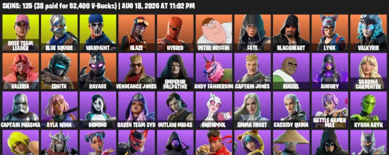 Fortnite account inventory for LVL 465 - Rose Team Leader - Blue Squire - 125 Outfits