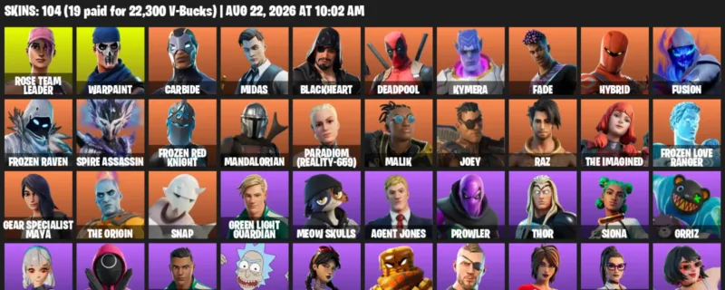 Fortnite account inventory for LVL 1878 - Rose Team Leader - Warpaint - 104 Outfits