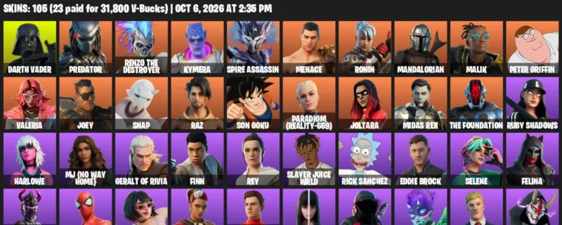 Fortnite account inventory for Darth Vader - Predator - 105 Outfits