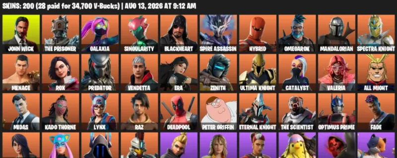 Fortnite account inventory for LVL 3395 - John Wick - The Prisoner - 200 Outfits