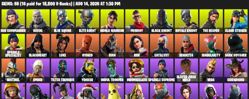 Fortnite account inventory for LVL 866 - Sub Commander - Havoc - 55 Outfits