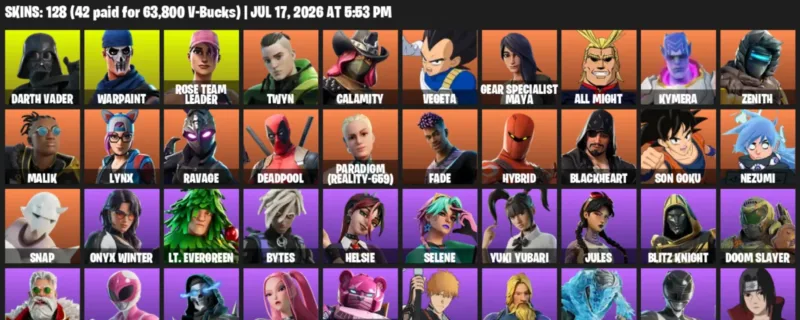 Fortnite Accounts listing: LVL 787 - Darth Vader - Warpaint - 128 Outfits - 128 outfits