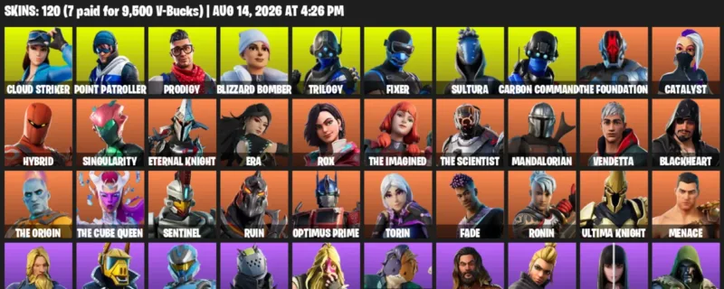 Fortnite account inventory for LVL 3236 - Cloud Striker - Point Patroller - 120 Outfits