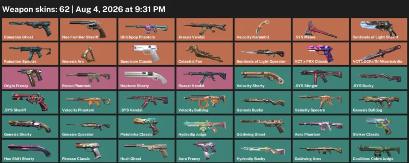 Valorant account inventory for LVL 170 · Velocity Karambit & Celestial Fan