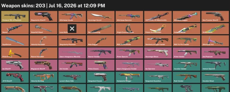Valorant Accounts listing: LVL 208 · Glitchpop Dagger & Luxe Knife · 203 Skins - Platinum 3, 203 skins