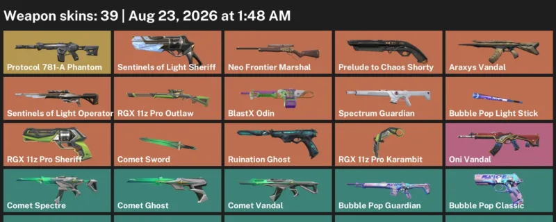 Valorant account inventory for LVL 86 · RGX 11z Pro Karambit & Araxys Vandal