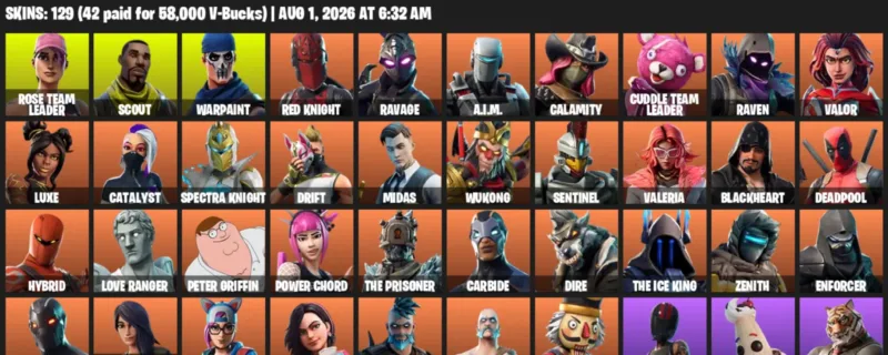 Fortnite account inventory for LVL 1863 - Rose Team Leader - Scout - 129 Outfits