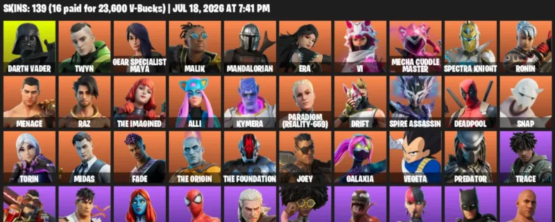Fortnite Accounts listing: LVL 1555 - Darth Vader - Twyn - 139 Outfits - 139 outfits