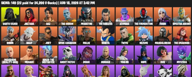Fortnite account inventory for LVL 2388 - Darth Vader - Joltara - 149 Outfits