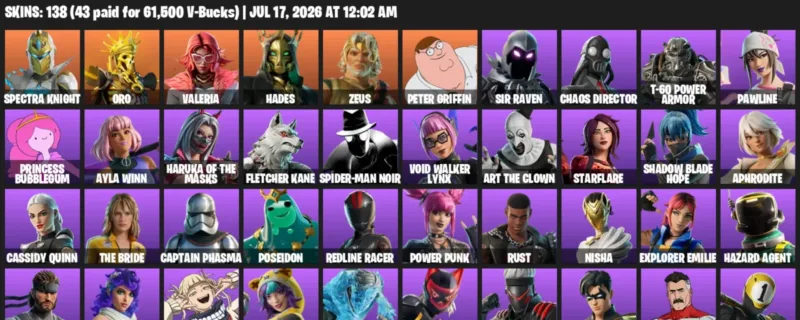 Fortnite Accounts listing: LVL 1187 - Spectra Knight - Oro - 138 Outfits - 138 outfits