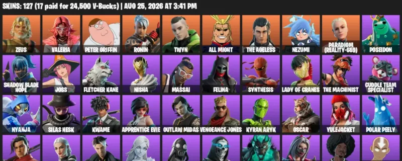 Fortnite account inventory for LVL 943 - Zeus - Valeria - 127 Outfits