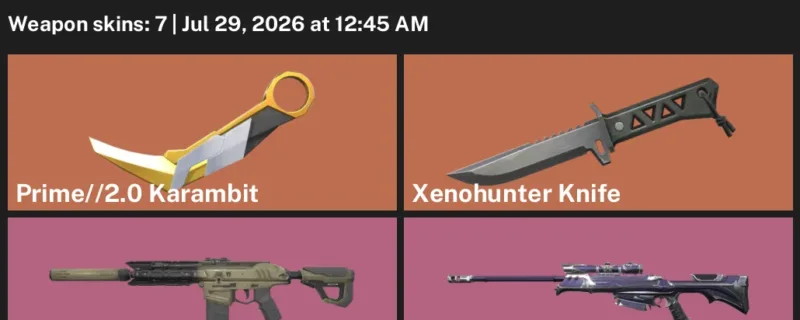 Valorant Accounts listing: LVL 100 · Prime//2.0 Karambit & Xenohunter Knife · 7 Skins - Silver 2, 7 skins