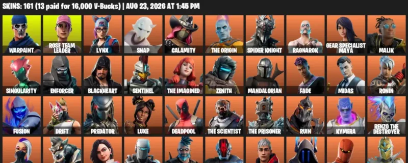 Fortnite account inventory for LVL 1688 - Warpaint - Rose Team Leader - 161 Outfits