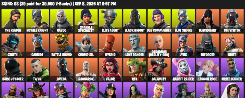 Fortnite account inventory for LVL 1449 - The Reaper - Royale Knight - 93 Outfits
