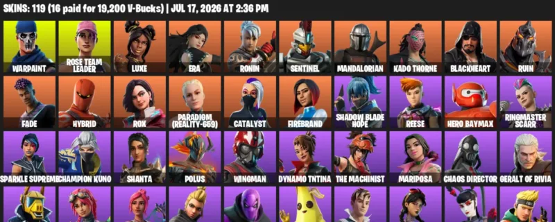 Fortnite Accounts listing: LVL 1553 - Warpaint - Rose Team Leader - 119 Outfits - 119 outfits