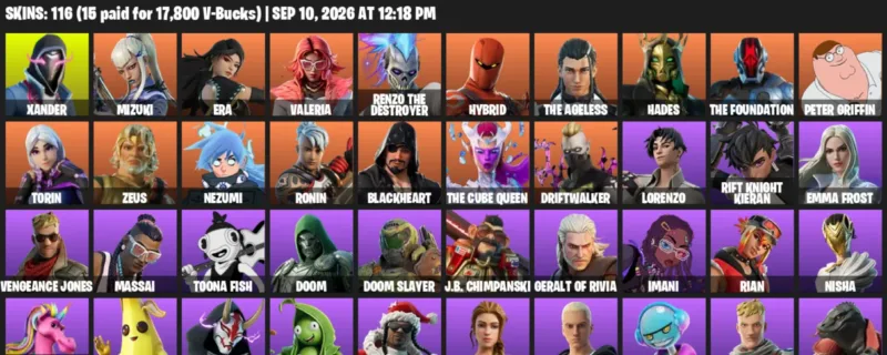 Fortnite account inventory for LVL 1838 - Xander - Mizuki - 116 Outfits