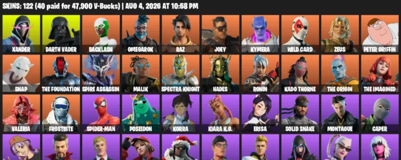Fortnite account inventory for LVL 2256 - Xander - Darth Vader - 122 Outfits
