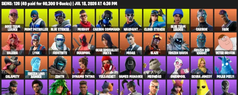 Fortnite Accounts listing: LVL 2042 - Rose Team Leader - Point Patroller - 126 Outfits - 126 outfits