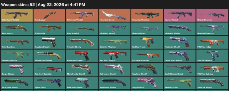 Valorant account inventory for LVL 305 · Elderflame Vandal & Ruin Dagger