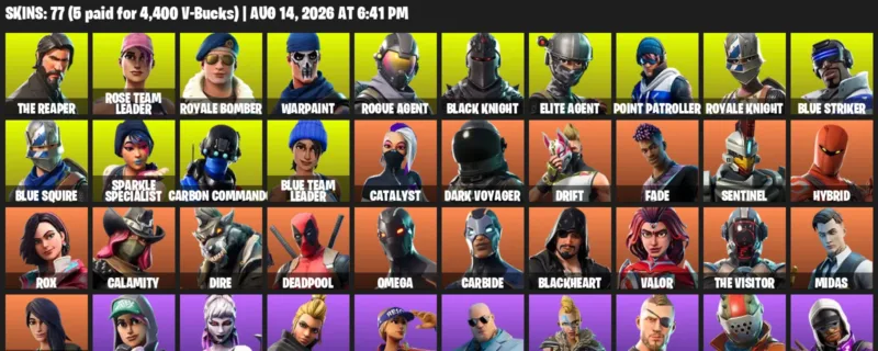 Fortnite account inventory for LVL 1085 - The Reaper - Rose Team Leader - 77 Outfits