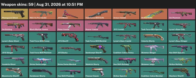 Valorant account inventory for LVL 291 · Striker Knife & Task Force 809 Knife