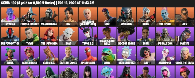 Fortnite account inventory for LVL 1729 - Kymera - Eternal Knight - 102 Outfits