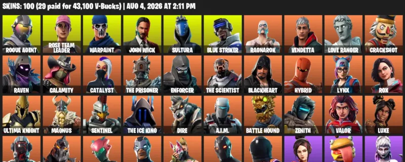 Fortnite account inventory for LVL 889 - Rogue Agent - Rose Team Leader - 100 Outfits