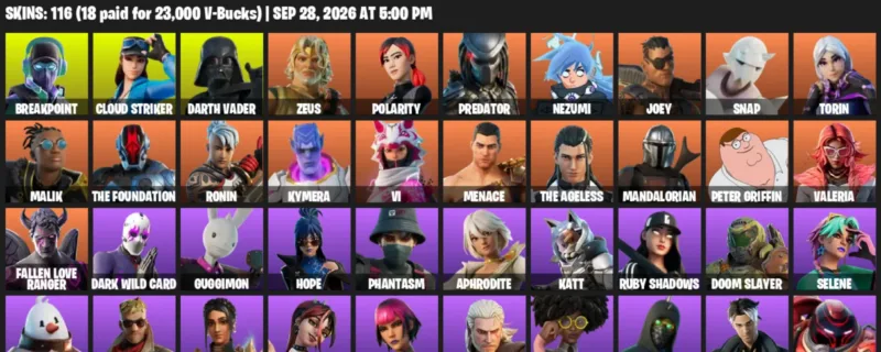 Fortnite account inventory for Breakpoint - Cloud Striker - 116 Outfits