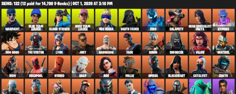 Fortnite account inventory for Warpaint - Blue Team Leader - 120 Outfits