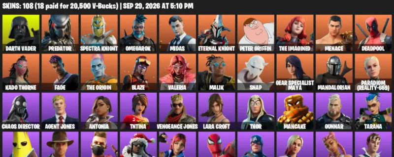 Fortnite account inventory for Darth Vader - Predator - 108 Outfits