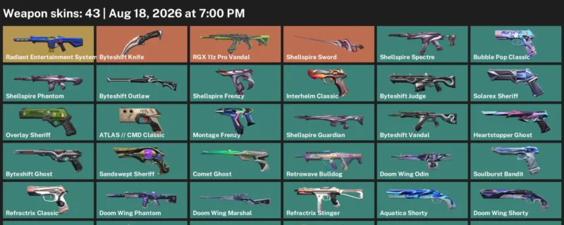 Valorant account inventory for LVL 294 · 43 Skins Byteshift Knife & Byteshift Knife & Shellspire Sword