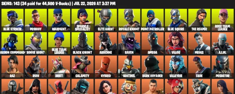 Fortnite Accounts listing: LVL 1813 - Blue Striker - Prodigy - 143 Outfits - 143 outfits
