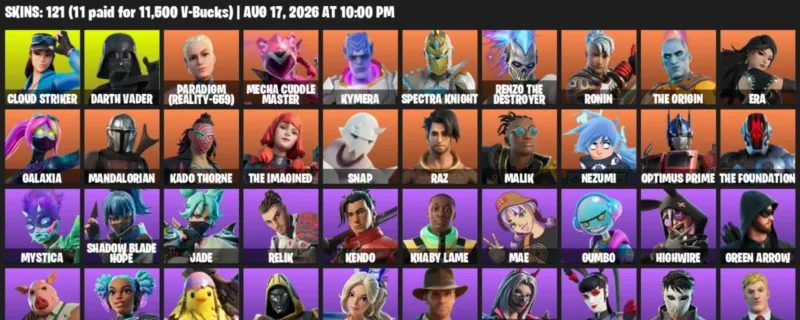Fortnite account inventory for LVL 1702 - Cloud Striker - Darth Vader - 121 Outfits