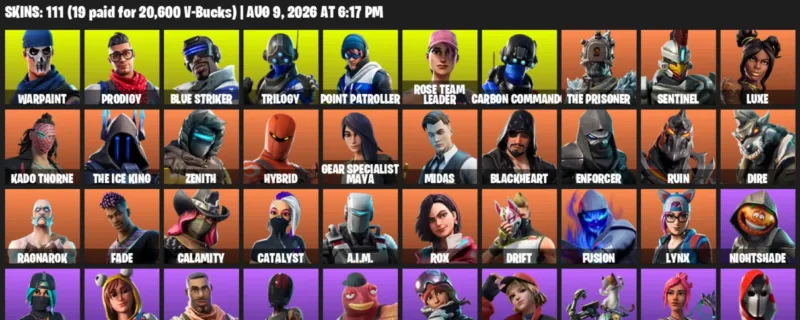 Fortnite account inventory for LVL 1487 - Warpaint - Prodigy - 111 Outfits