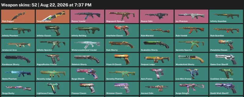 Valorant account inventory for LVL 223 · Ruin Dagger & Aerosol Operator