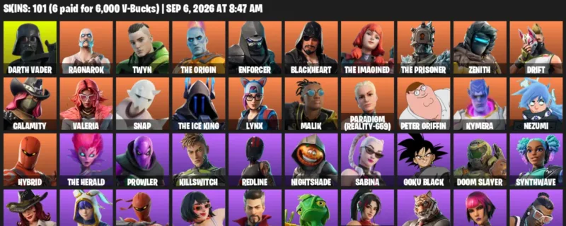Fortnite account inventory for LVL 1625 - Darth Vader - Ragnarok - 101 Outfits