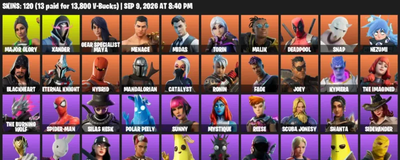 Fortnite account inventory for LVL 2356 - Major Glory - Xander - 120 Outfits