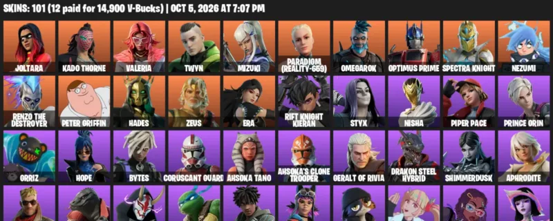 Fortnite account inventory for Joltara - Kado Thorne - 101 Outfits