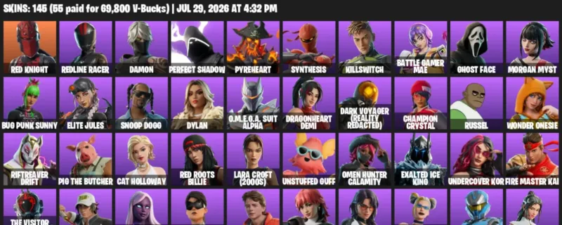Fortnite Accounts listing: LVL 1229 - Red Knight - Redline Racer - 145 Outfits - 145 outfits