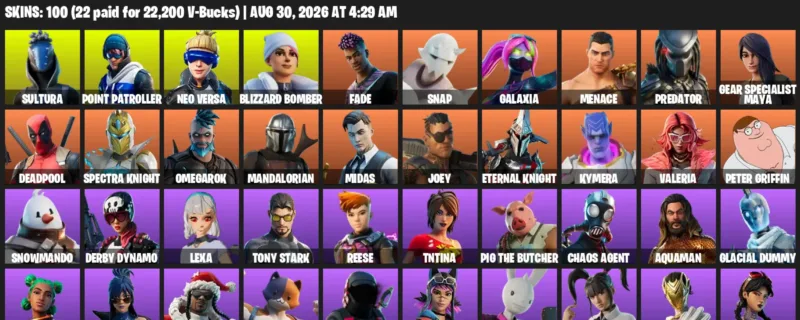 Fortnite account inventory for LVL 2084 - Sultura - Point Patroller - 100 Outfits