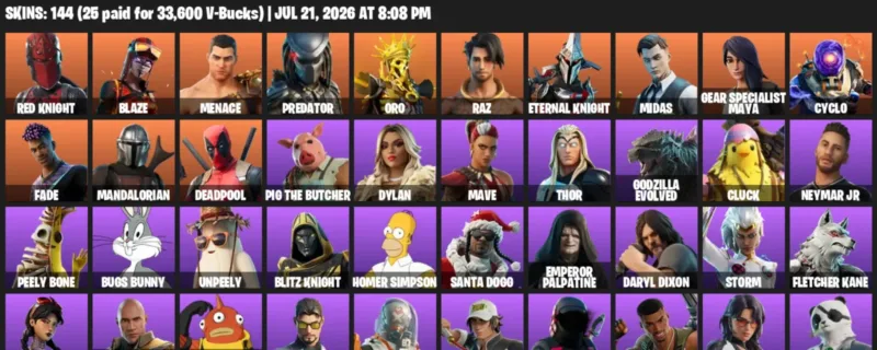 Fortnite Accounts listing: LVL 2113 - Red Knight - Blaze - 144 Outfits - 144 outfits