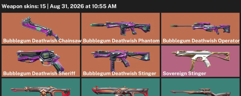 Valorant account inventory for LVL 22 · Bubblegum Deathwish Phantom & Bubblegum Deathwish Sheriff