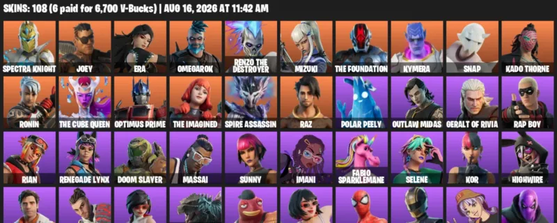 Fortnite account inventory for LVL 1782 - Spectra Knight - Joey - 108 Outfits