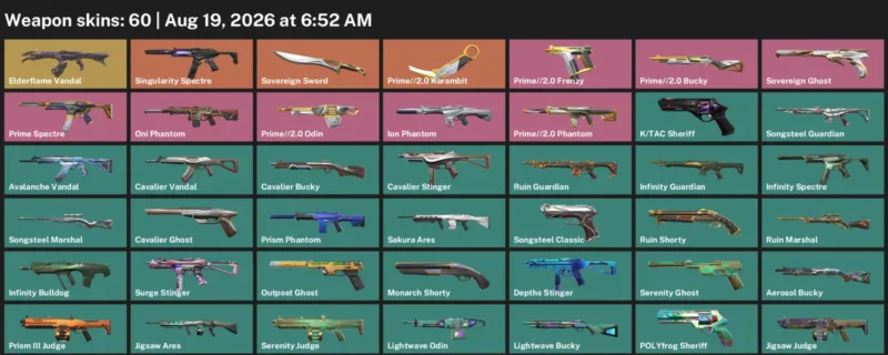 Valorant account inventory for LVL 53 · 2.0 Karambit & Sovereign Sword & 60 Skins Prime